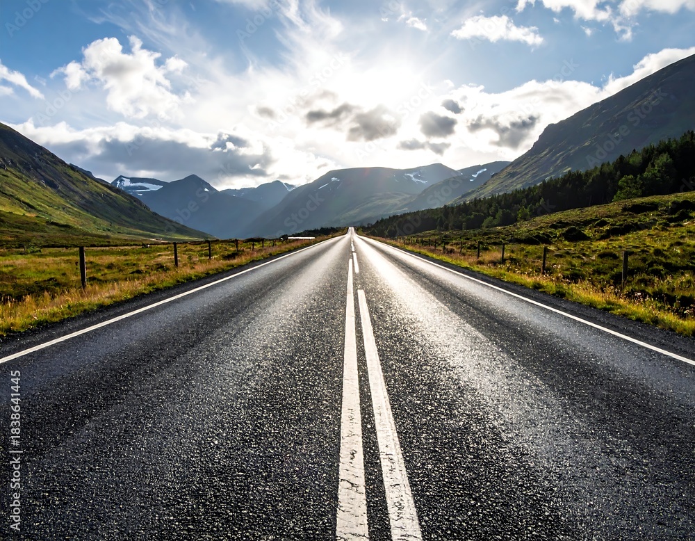 Fototapeta premium Scenic Road Through Mountains - A Journey into the Horizon.