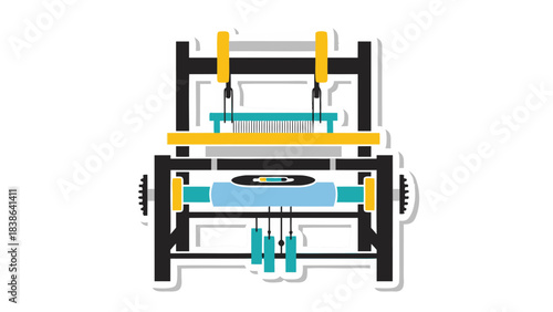 Vintage Mechanical Loom Machine With Blue Yellow And Black Frame Elements And White Background Symbolizing Textile Industry And Manufacturing Craftsmanship