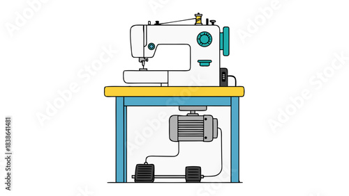 White and Teal Sewing Machine with Electric Motor on Blue Table in a Workshop