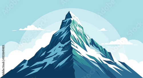 Illustration of a snowcapped mountain peak with clouds and sun in the background