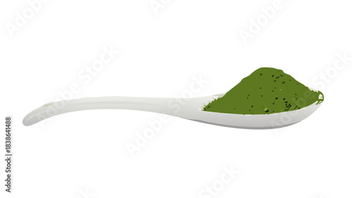 White Spoon Filled With Green Powder Isolated On Black Background Healthy Ingredient For Food And Drinks