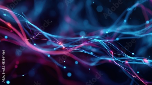 abstract background of glowing blue and purple interconnected lines and subtle flowing particles, representing data and network, soft volumetric lighting, futuristic