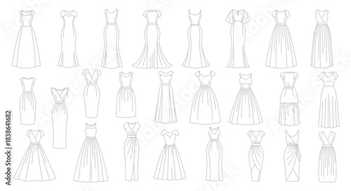 Collection of various dress designs and styles in line art on