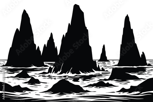 Jagged dark spires rise from turbulent water in a stark silhouette