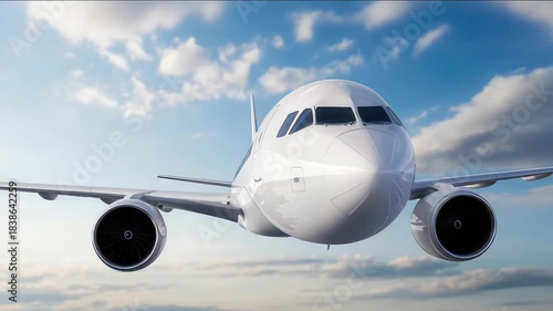 Airplane flying through blue sky with white clouds
