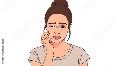 Worried Young Woman With Brown Hair Pulled Up In A Bun Wearing A Light Gray T Shirt With Hands On Her Face Showing Concern And Anxiety Isolated On Black Background With Simple Line Art Style