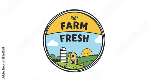 Farm fresh logo with a rural landscape and silo under a sunny sky