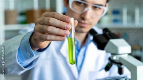 Scientist holding green liquid in test tube in laboratory
