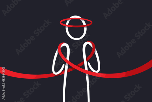 Stylized white figure with red ribbon and halo against a dark background, symbolizing awareness.