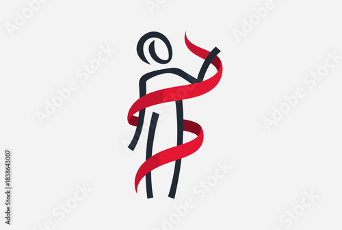A stylized black stick figure with a flowing red ribbon wrapped around its body on a light gray background.