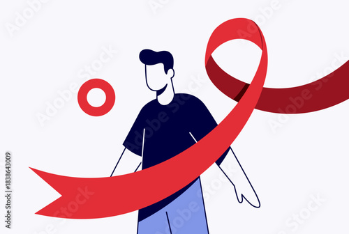 Illustration of a person with a large red awareness ribbon, symbolizing support for health causes like AIDS awareness.