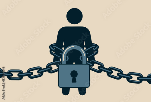 A person's silhouette is bound by heavy chains and a large padlock, symbolizing restriction and lack of freedom.