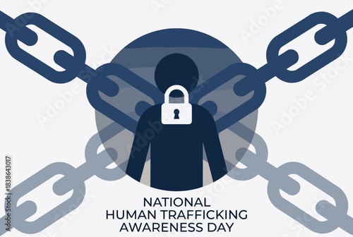 A graphic illustration for National Human Trafficking Awareness Day, showing a person's silhouette with a padlock and chains.