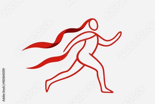 A stylized red outline of a person running with flowing hair or cape, depicting speed and motion.