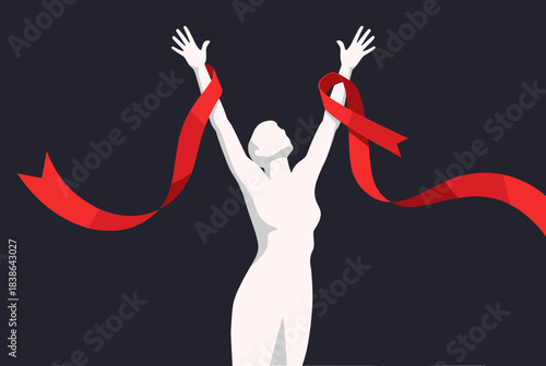 A white figure with raised arms holding a flowing red ribbon against a dark background, symbolizing AIDS awareness and hope.
