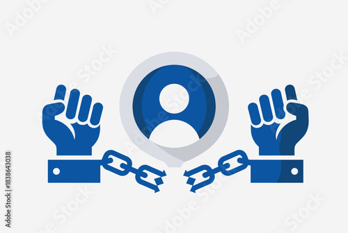 An illustration depicting a person icon with two fists breaking free from chains, symbolizing liberation and user freedom.