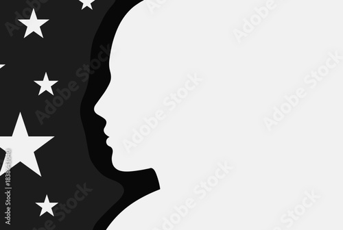 A white silhouette of a human head in profile against a dark background with white stars.