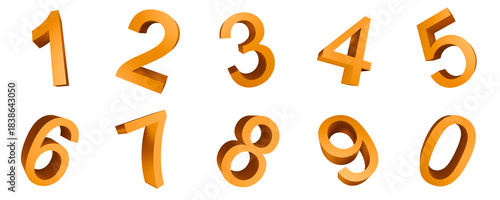 Bright orange 3D numbers with simple, bold typography, arranged in dynamic tilted positions.