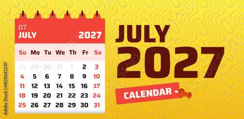 July 2027 calendar illustration with modern flat style and clear monthly layout, ideal for planners, scheduling graphics, and date designs