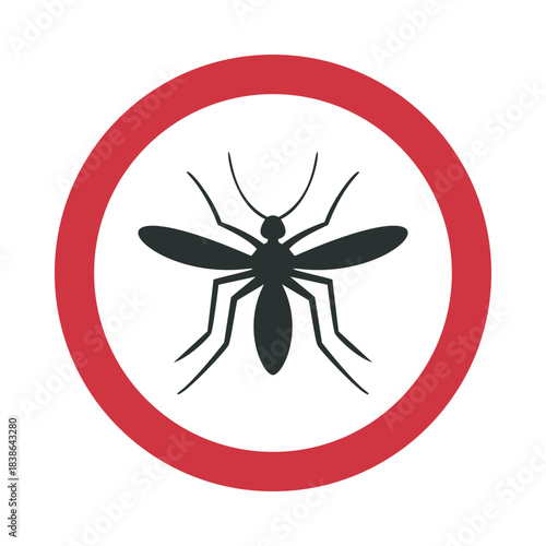 Mosquito warning sign vector, bold red circle with black insect silhouette — stock vector