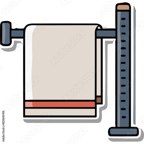 Illustration of a white towel with orange and red stripes hanging on a grey metal rack with measurement markings beside a blue stand on a white background