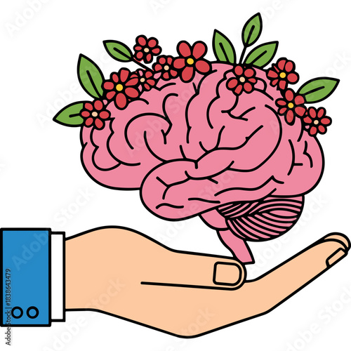Illustration of a Pink Brain adorned with Red Flowers and Green Leaves Resting on an Open Hand Wearing a Blue Sleeve against a Black Background symbolizing mental well being and care