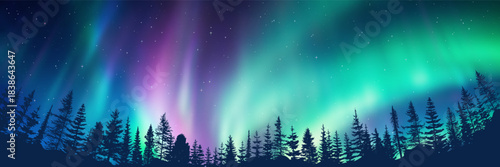 Contour of trees against the background of aurora borealis, winter holiday illustration