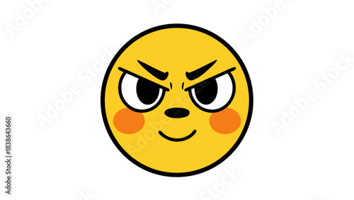 Yellow Round Face With Angry Eyes And Smiling Mouth Cute Cartoon Character With Red Cheeks And Small Black Nose On Black Background