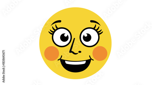 Yellow smiley face with big white eyes orange cheeks and a wide open mouth showing teeth in a simple cartoon drawing against a black background