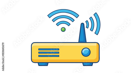 Yellow Wireless Router with Blue Wi-Fi Signals and Green Indicator Light on Black Background Simple Icon Digital Connection Technology Symbol