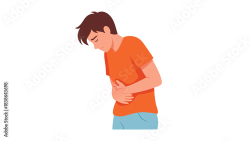 Young Man Clutching Stomach in Pain Wearing Orange T Shirt and Blue Shorts Isolated on Black Background