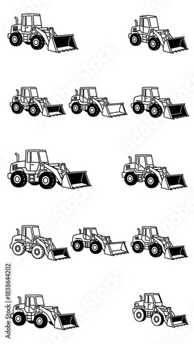 A collection of black and white line art illustrations of front-end loaders arranged in rows on a white background.