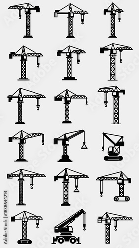A collection of black silhouette icons depicting various types of construction cranes.