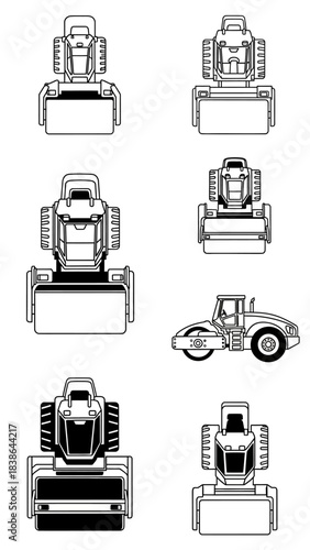 A collection of black and white line art illustrations of a road roller from multiple perspectives.