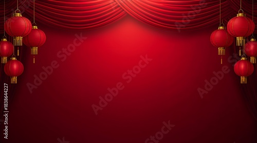 Red chinese lanterns hang under velvet curtains festive celebration background