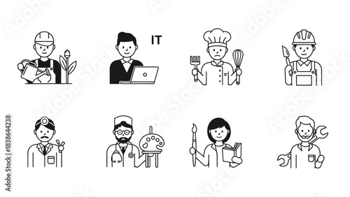 A collection of black and white line art icons depicting various professions and occupations.