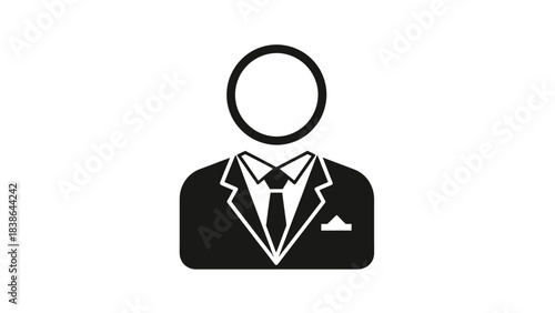 Simple black and white icon of an anonymous person wearing a formal business suit and tie.