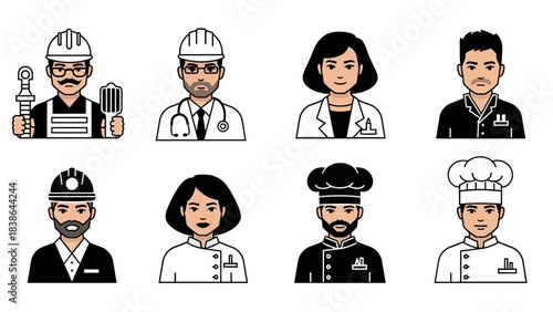 Eight cartoon avatars depicting various professional occupations including doctors, chefs, and construction workers, on a white background.