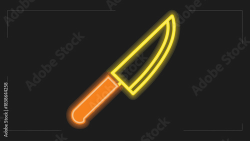 Neon glowing chef's knife with an orange handle on a dark background, stylized kitchen tool.