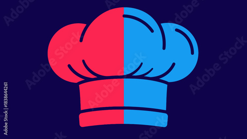 Vibrant two-tone chef's hat design, featuring a red and blue split, presented on a dark blue field.