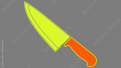 A stylized graphic illustration of a chef's knife with a yellow-green blade and an orange handle on a gray background.