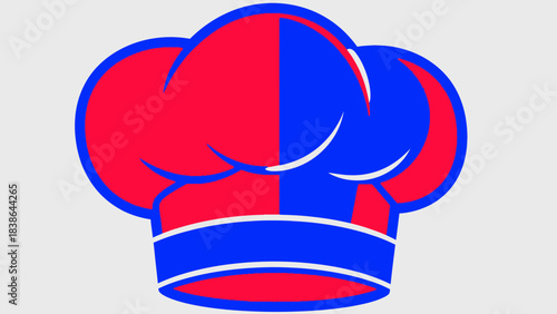 A chef's hat split into vibrant red and blue halves with a white band on a light grey background.