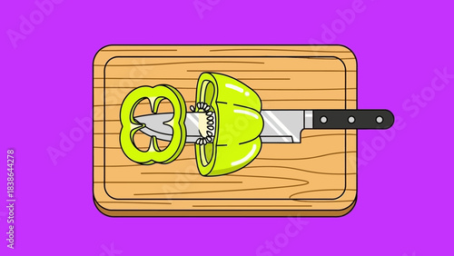 A green bell pepper being sliced in half on a wooden cutting board with a silver knife, set against a vibrant purple background.