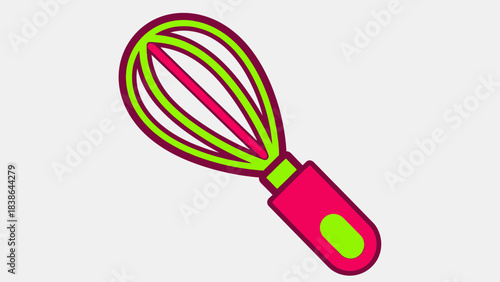 A colorful graphic illustration of a kitchen whisk with a pink handle and green wires.