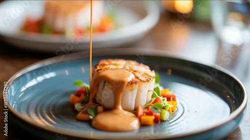 Scallop being drizzled with sauce on a plate with vegetables