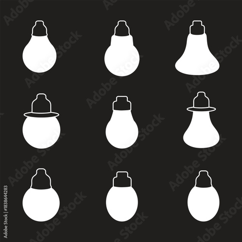 A collection of nine distinct stylized white light bulb and dropper-like icons. Ideal for web design, applications, or graphic elements, symbolizing ideas and solutions.
