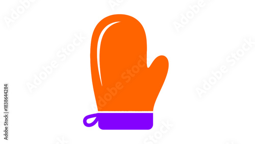 A simple graphic illustration of a vibrant orange oven mitt with a purple cuff on a white background.