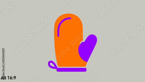 A vibrant orange and purple oven mitt illustration on a plain grey background, depicting kitchen safety and cooking.