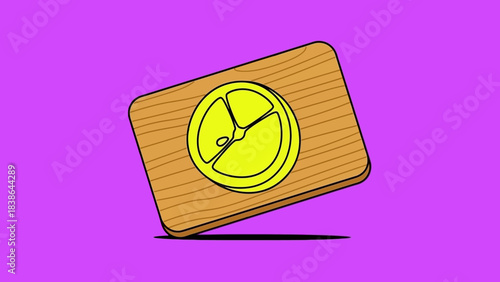 A stylized yellow lemon slice with a single line drawing on a wooden cutting board against a vibrant purple background.
