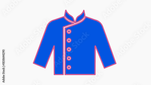 A simple graphic illustration of a blue chef's jacket with a stand-up collar and five buttons.